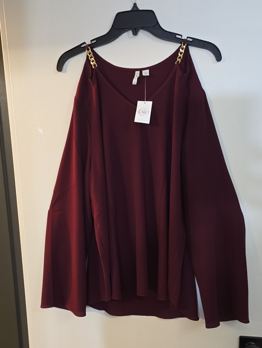 Cato Wine Cold-Shoulder Blouse with Gold Chain Straps